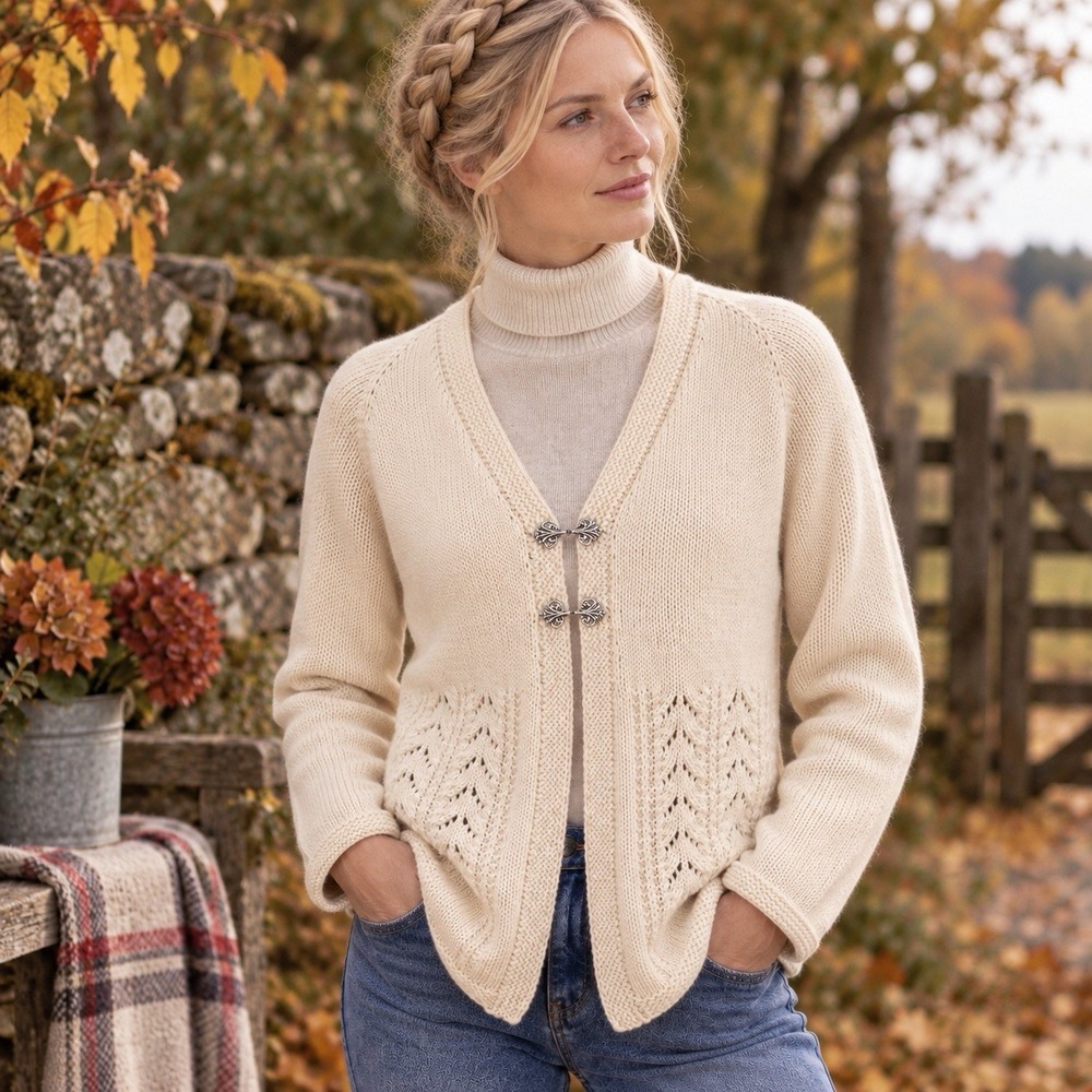 Handmade Merino Wool Cardigan Cream Nordic Knit Silver Clasps Raglan Sleeve Sz L